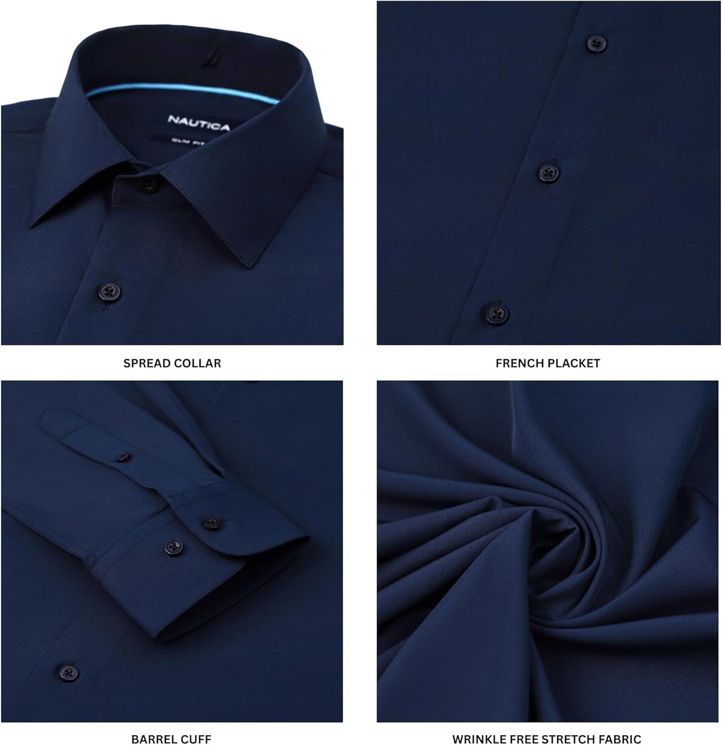 imageNautica Slim Fit Mens Dress Shirts Long Sleeve Performance Polyester Fabric Wrinkle Free 4Way StretchNavy Solid