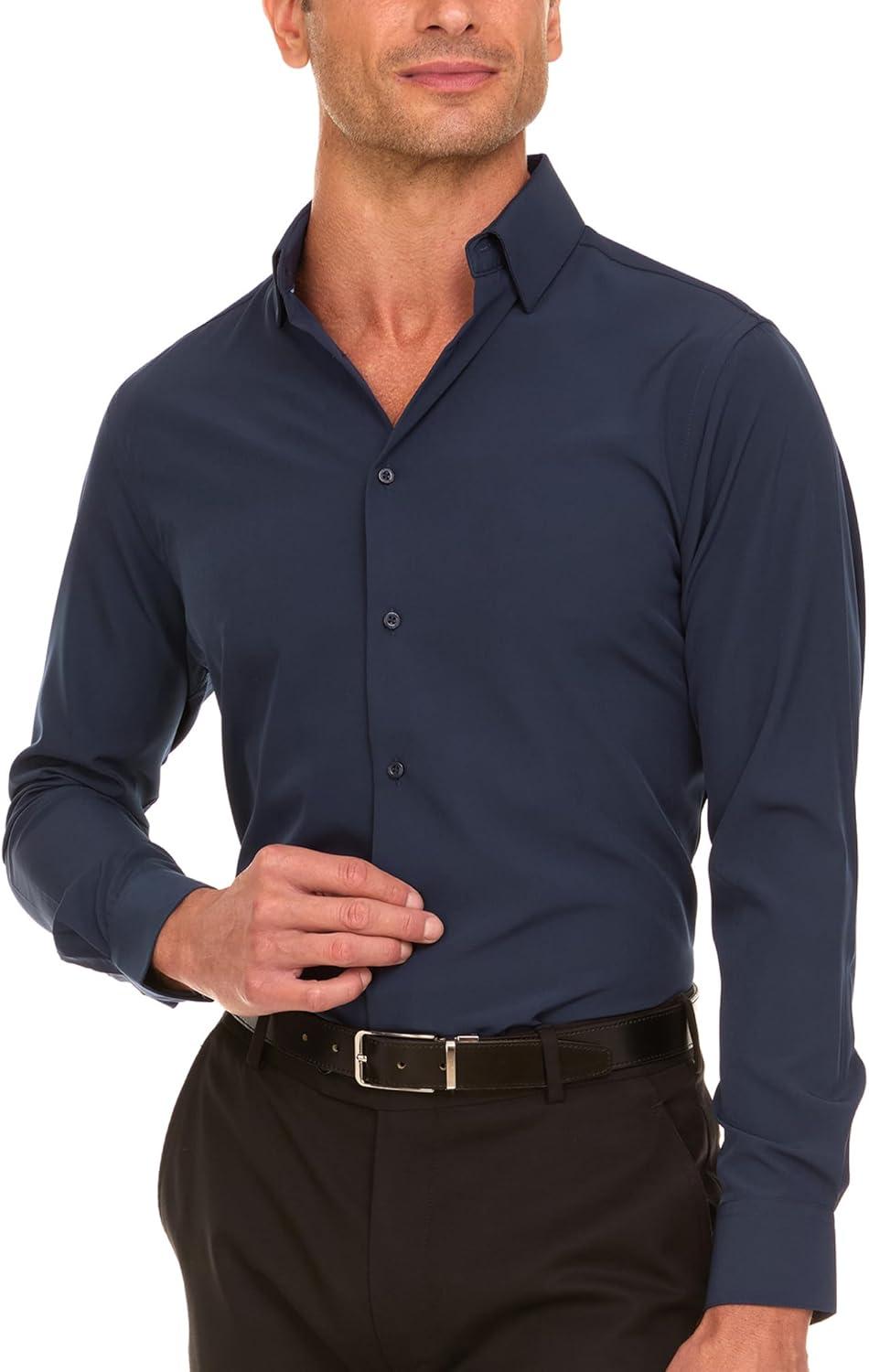 imageNautica Slim Fit Mens Dress Shirts Long Sleeve Performance Polyester Fabric Wrinkle Free 4Way StretchNavy Solid