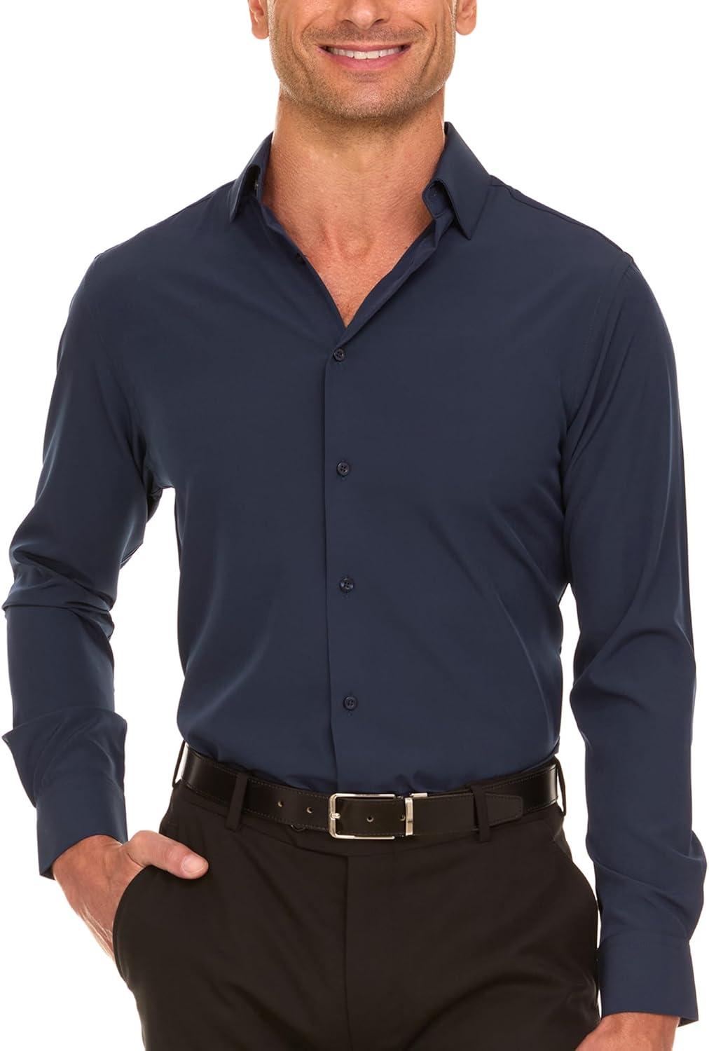imageNautica Slim Fit Mens Dress Shirts Long Sleeve Performance Polyester Fabric Wrinkle Free 4Way StretchNavy Solid