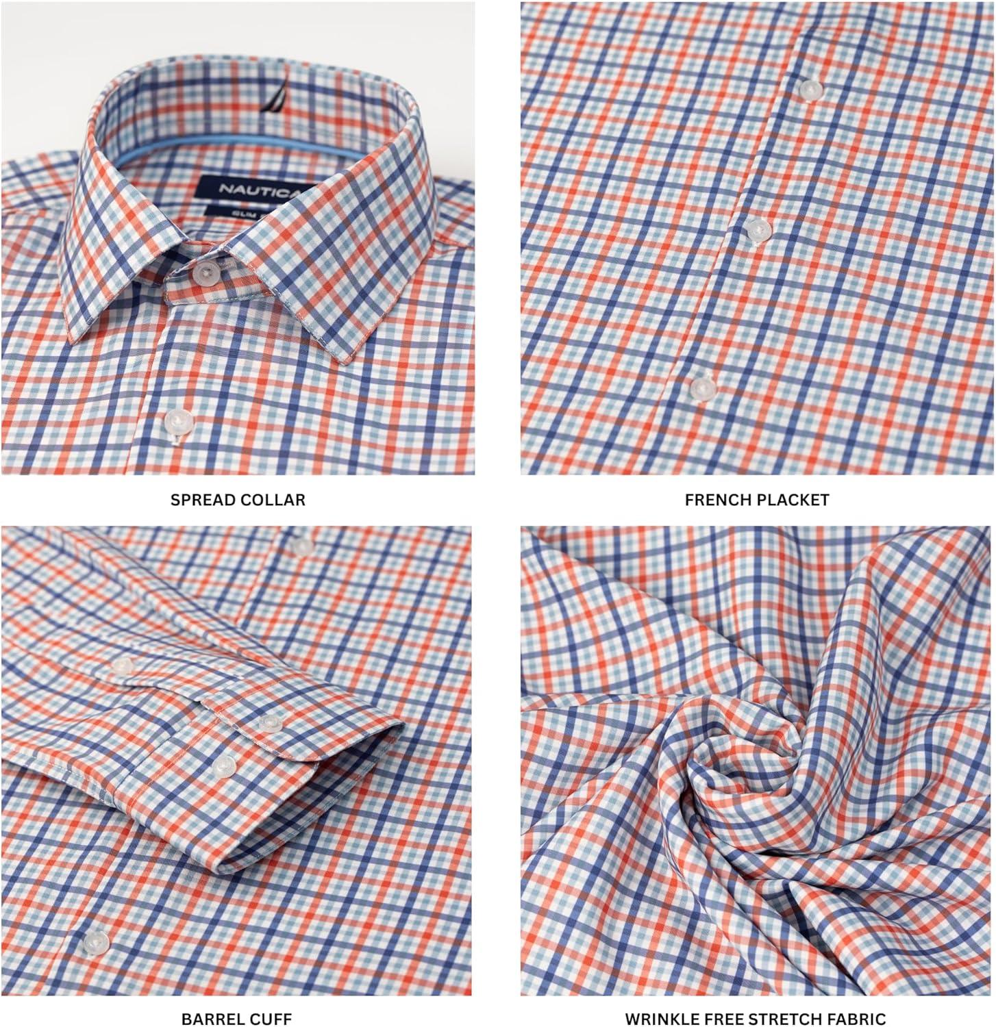 imageNautica Slim Fit Mens Dress Shirts Long Sleeve Performance Polyester Fabric Wrinkle Free 4Way StretchOrange and Blue Plaid