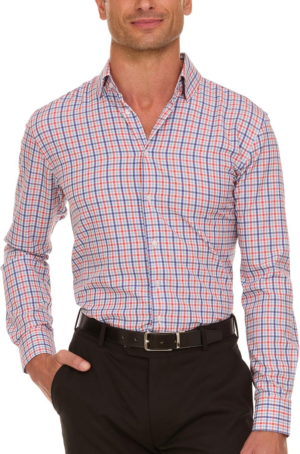 imageNautica Slim Fit Mens Dress Shirts Long Sleeve Performance Polyester Fabric Wrinkle Free 4Way StretchOrange and Blue Plaid