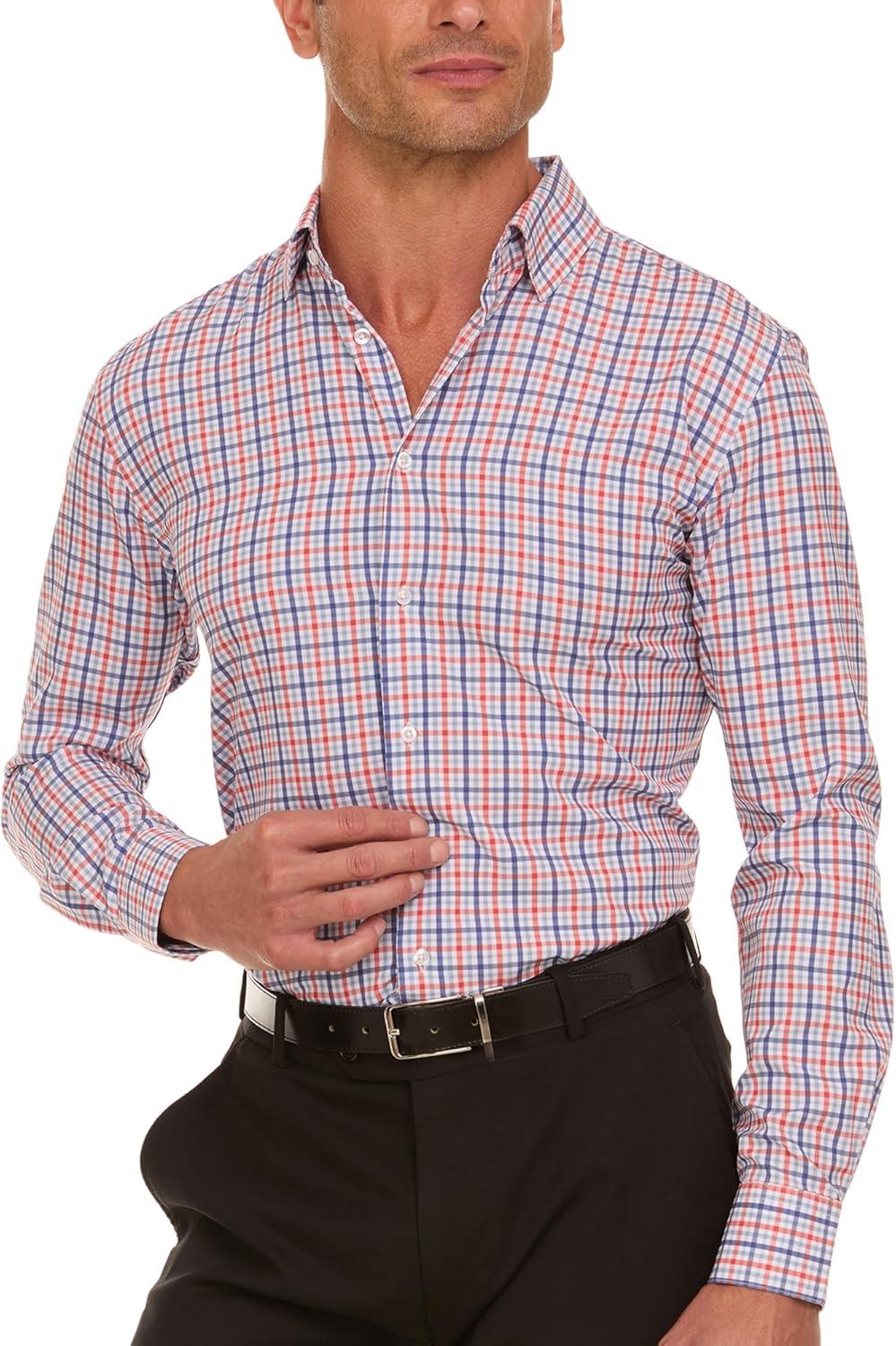 imageNautica Slim Fit Mens Dress Shirts Long Sleeve Performance Polyester Fabric Wrinkle Free 4Way StretchOrange and Blue Plaid