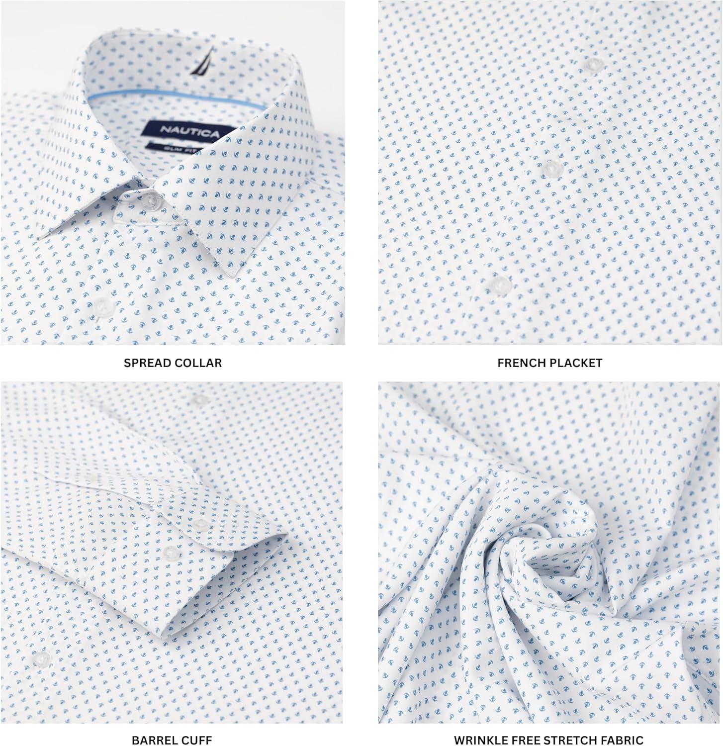 imageNautica Slim Fit Mens Dress Shirts Long Sleeve Performance Polyester Fabric Wrinkle Free 4Way StretchWhite Blue Anchor