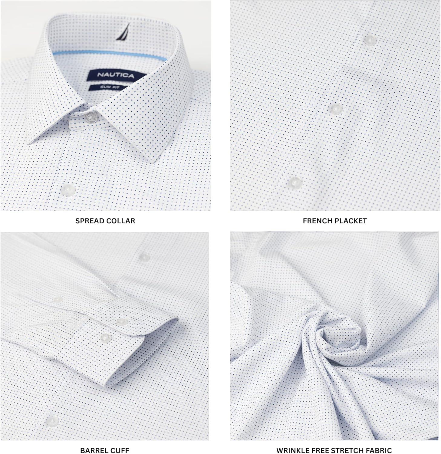imageNautica Slim Fit Mens Dress Shirts Long Sleeve Performance Polyester Fabric Wrinkle Free 4Way StretchWhite Mini Blue Dots