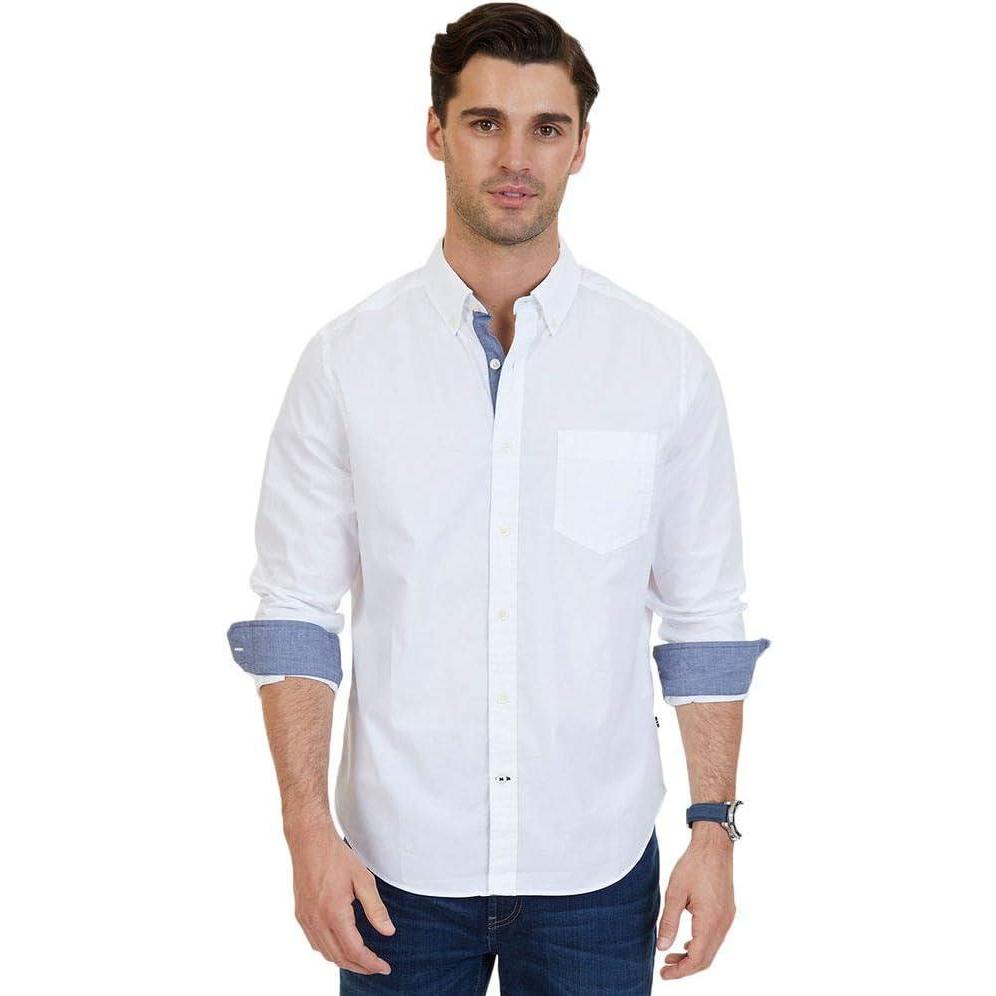 imageNautica Mens Classic Fit Stretch Solid Long Sleeve Button Down ShirtMarshmallow