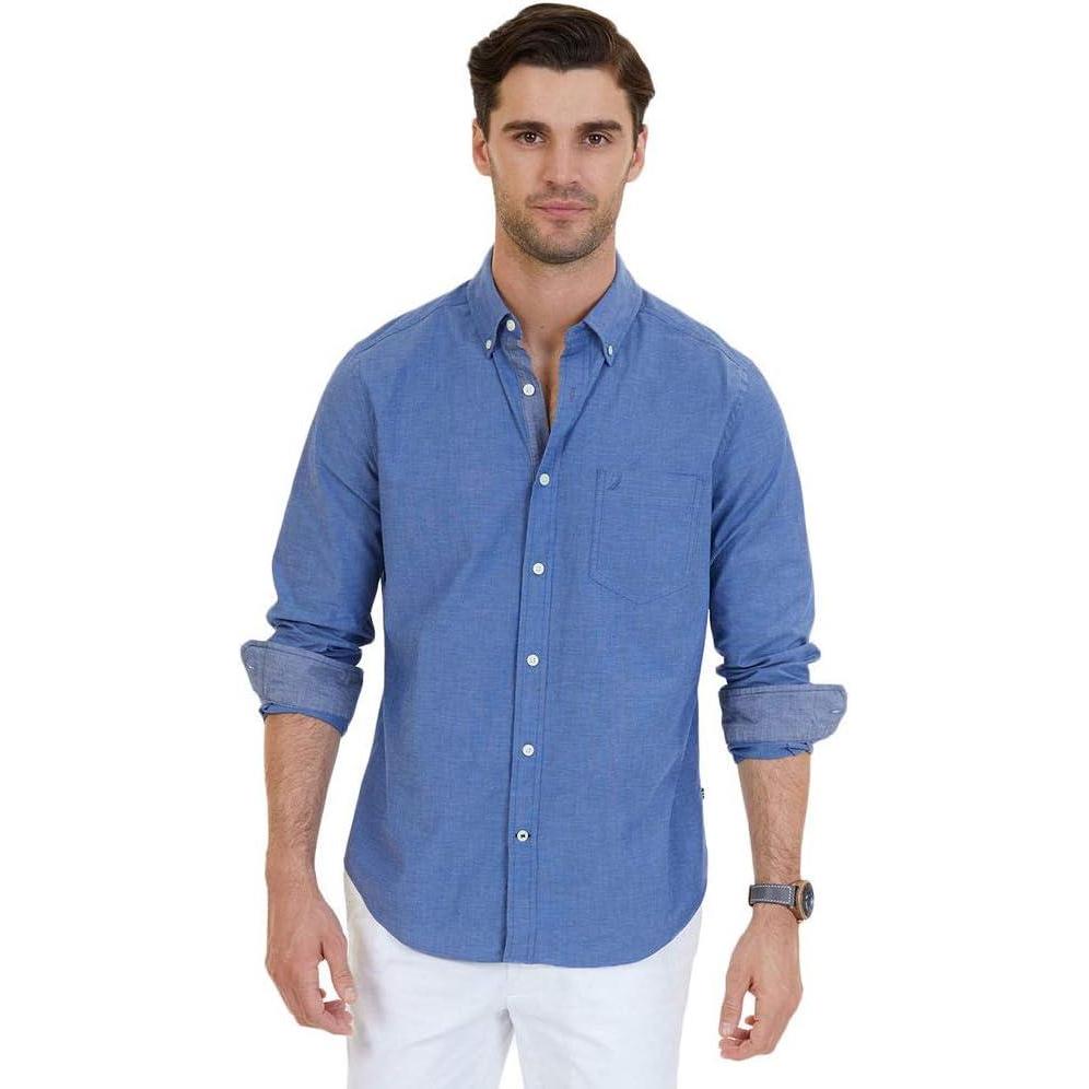 imageNautica Mens Classic Fit Stretch Solid Long Sleeve Button Down ShirtRivieria Blue