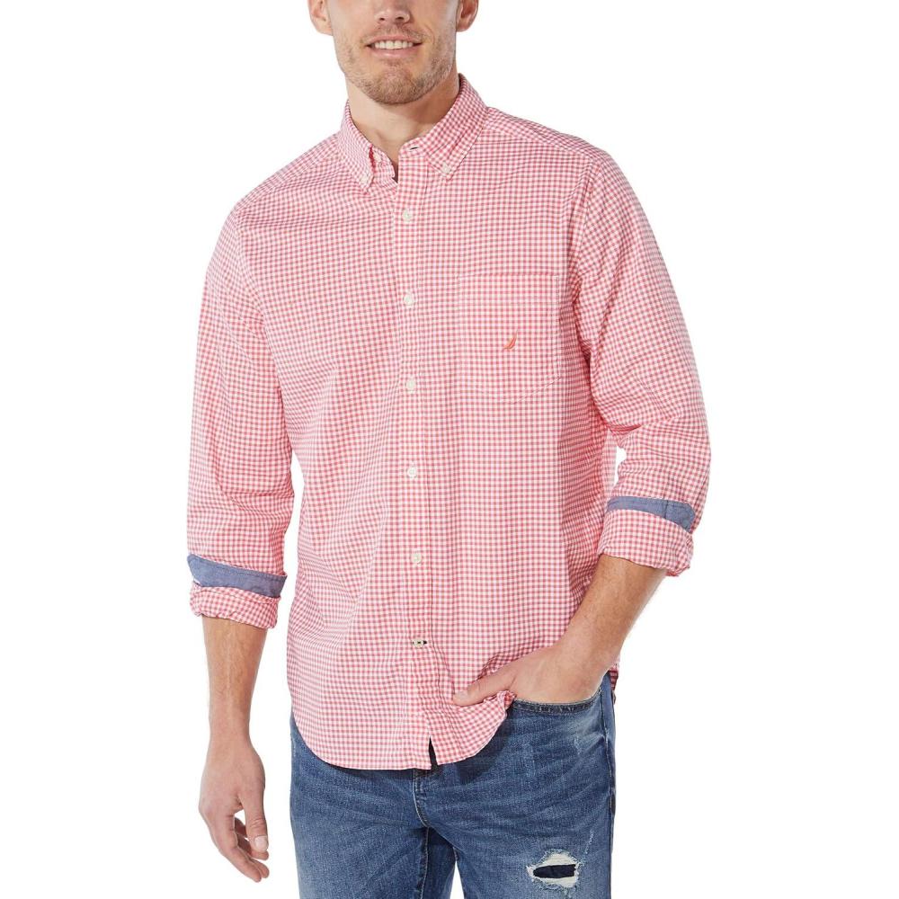 imageNautica Mens Classic Fit Stretch Solid Long Sleeve Button Down ShirtSpiced Coral