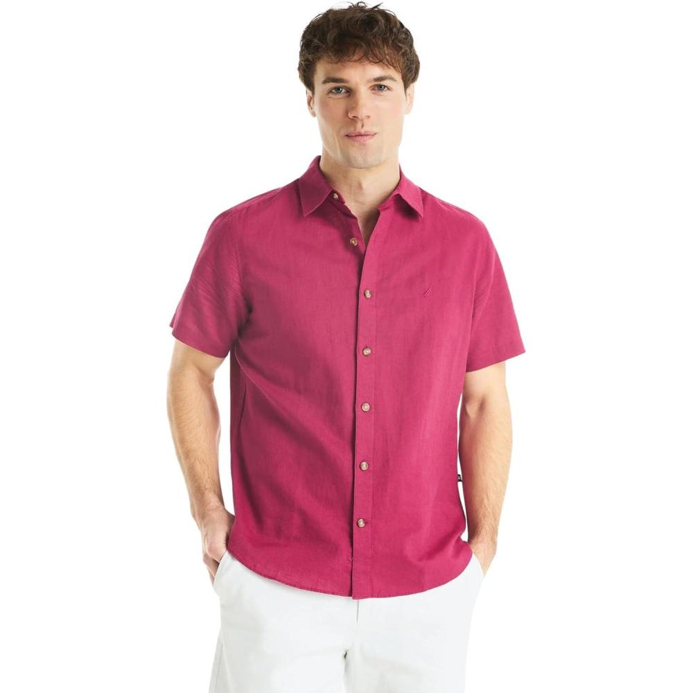 imageNautica Mens Nautica Sustainably Crafted Linen ShortSleeve ShirtCrimson Sunset