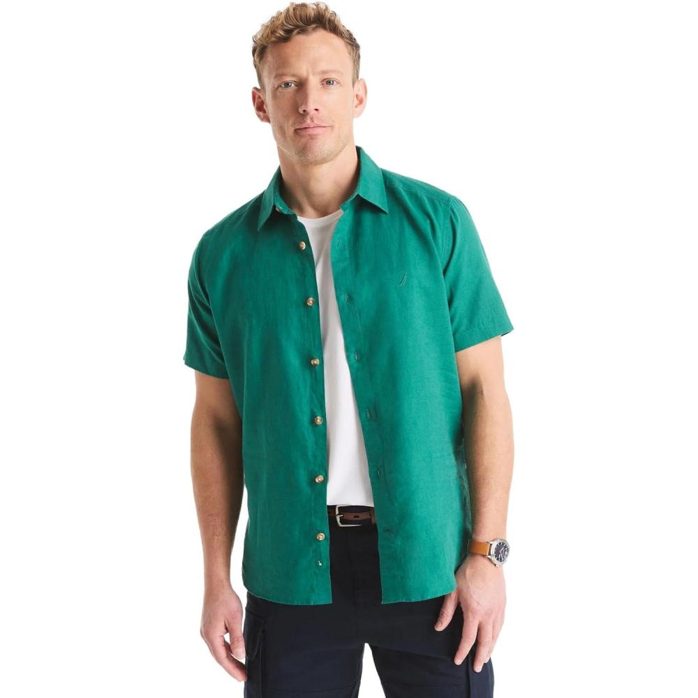 imageNautica Mens Nautica Sustainably Crafted Linen ShortSleeve ShirtGreen Leaf