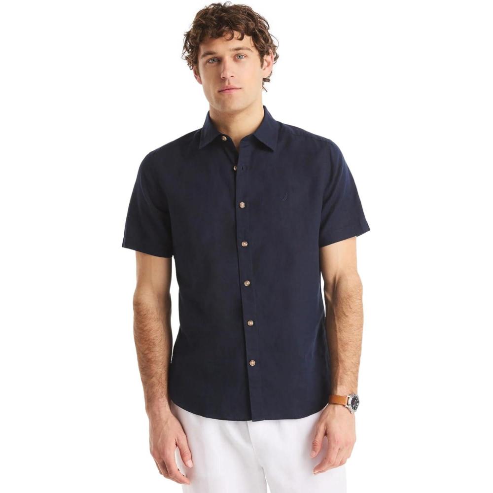 imageNautica Mens Nautica Sustainably Crafted Linen ShortSleeve ShirtNavy Seas