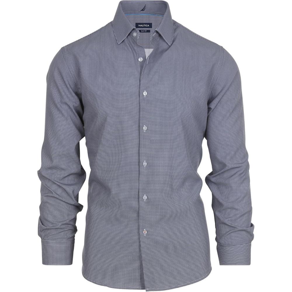 imageNautica Slim Fit Mens Dress Shirts Long Sleeve Performance Polyester Fabric Wrinkle Free 4Way StretchBlack Micro Checks