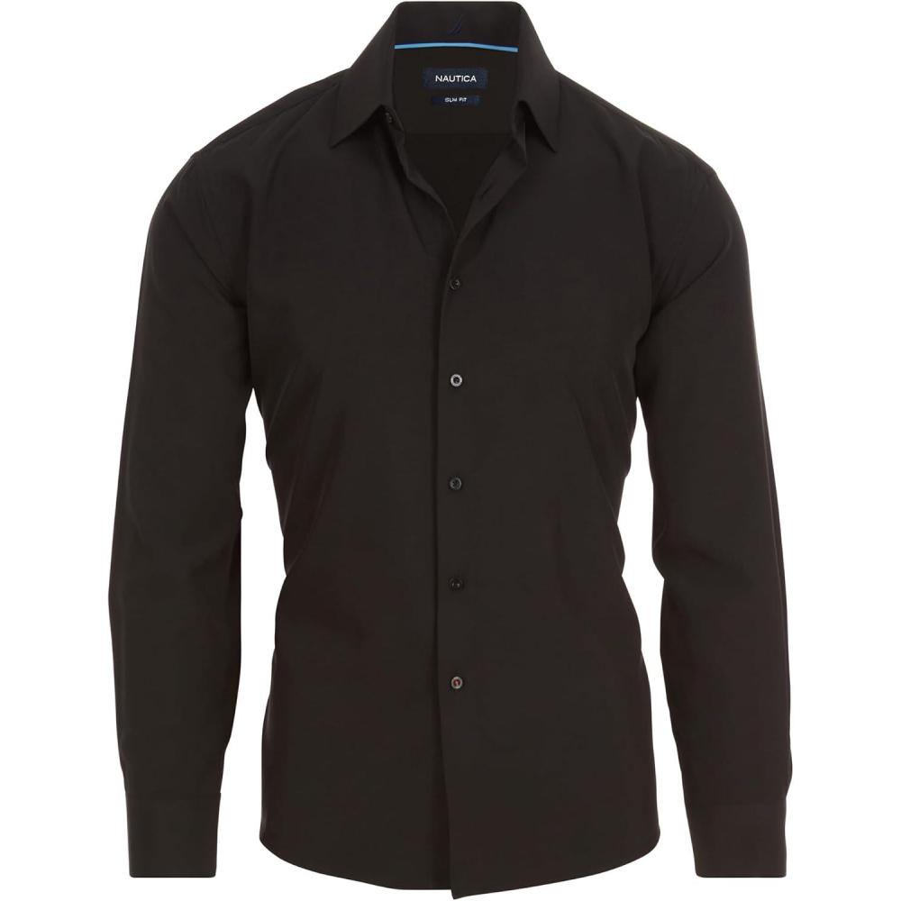 imageNautica Slim Fit Mens Dress Shirts Long Sleeve Performance Polyester Fabric Wrinkle Free 4Way StretchBlack Solid