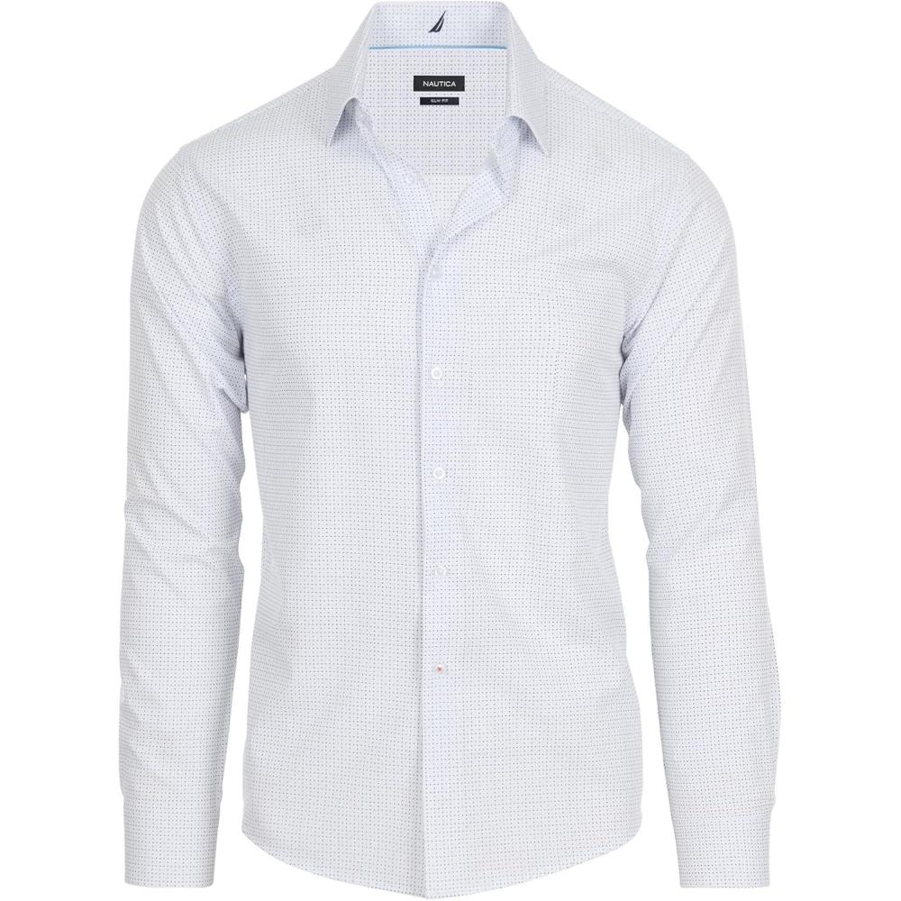 imageNautica Slim Fit Mens Dress Shirts Long Sleeve Performance Polyester Fabric Wrinkle Free 4Way StretchWhite Mini Blue Dots