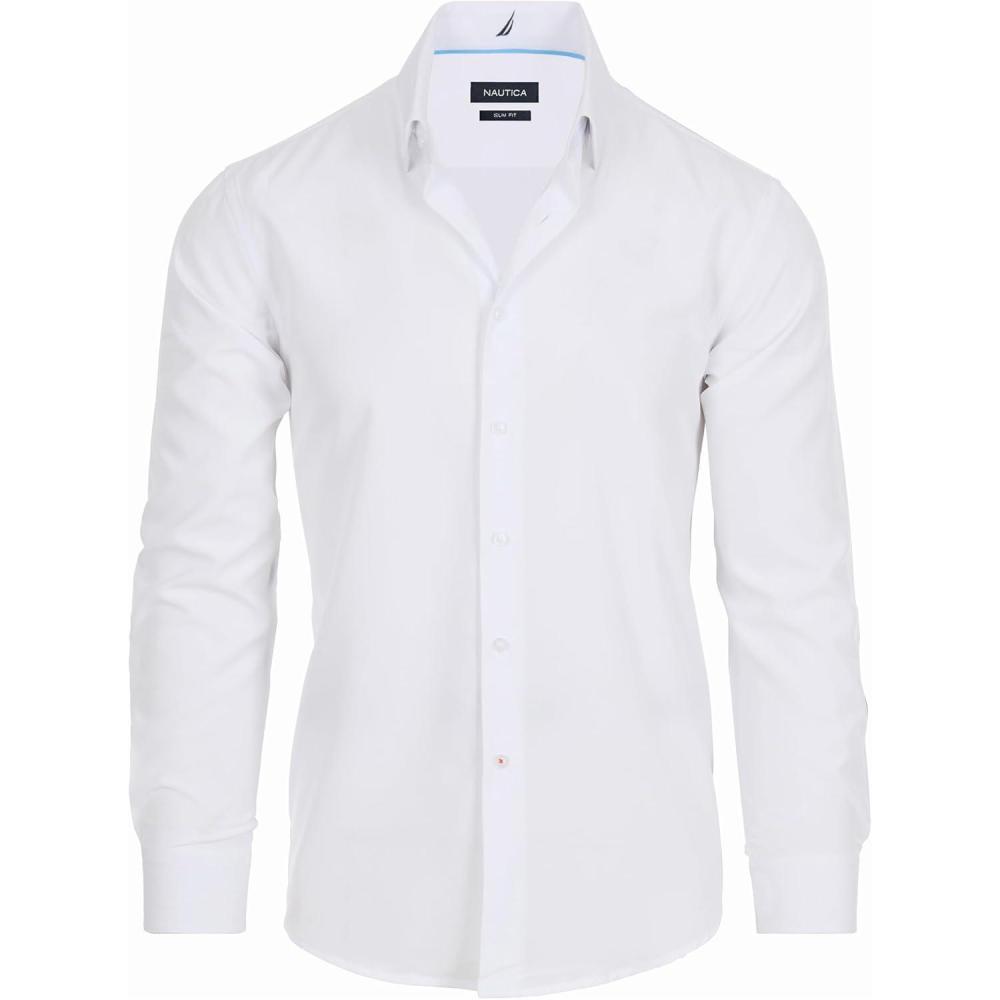 imageNautica Slim Fit Mens Dress Shirts Long Sleeve Performance Polyester Fabric Wrinkle Free 4Way StretchWhite Solid