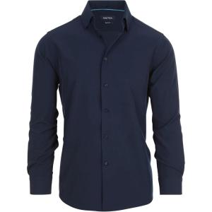 Nautica Slim Fit Mens Dress Shirts Long Sleeve Performance Polyester Fabric Wrinkle Free 4-Way Stretch(Navy Solid)