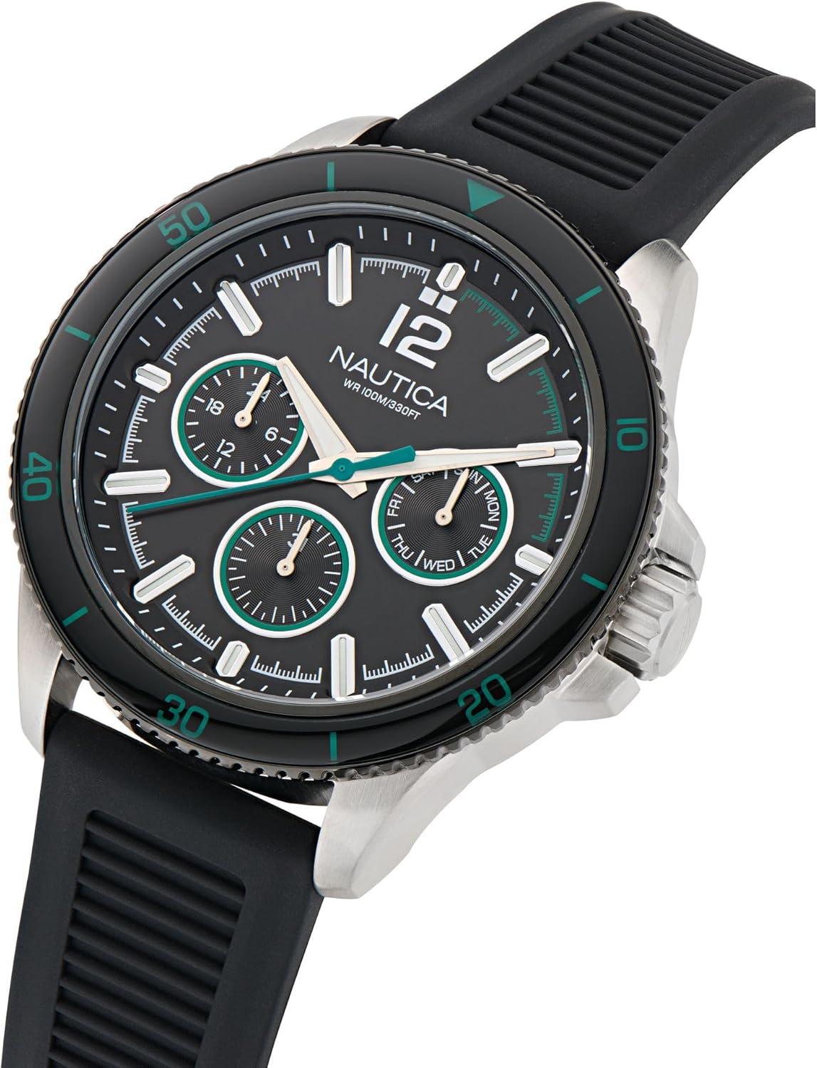 imageNautica Mens NCT Windrose 46mm WatchBlackBlack GreenSilver