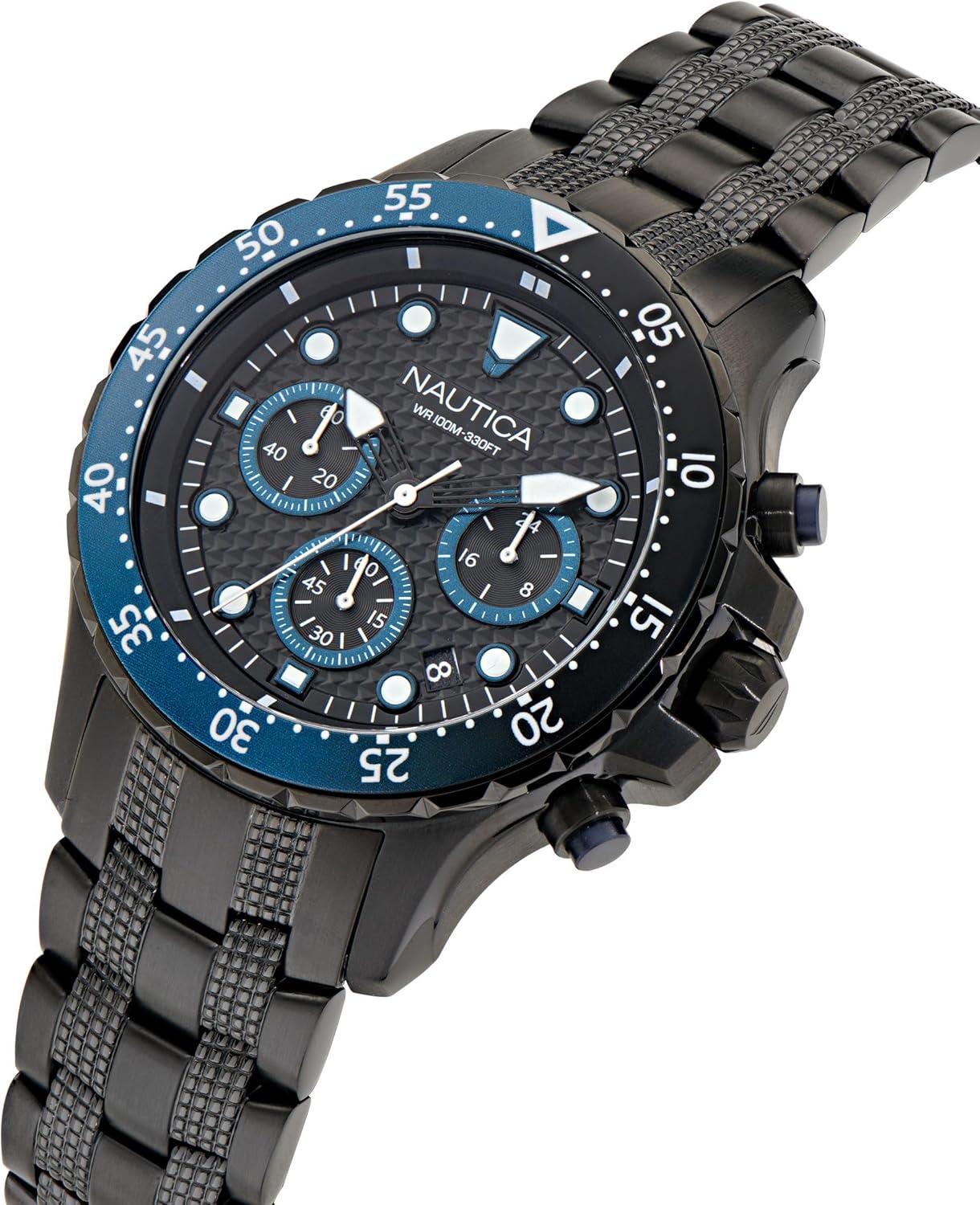 imageNautica Mens NST Chronograph 44mm WatchBlackBlackBlack