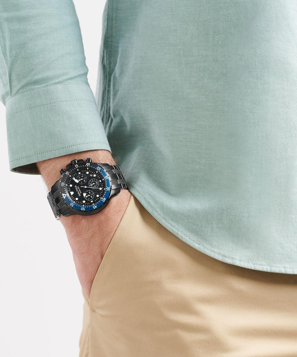 imageNautica Mens NST Chronograph 44mm WatchBlackBlackBlack