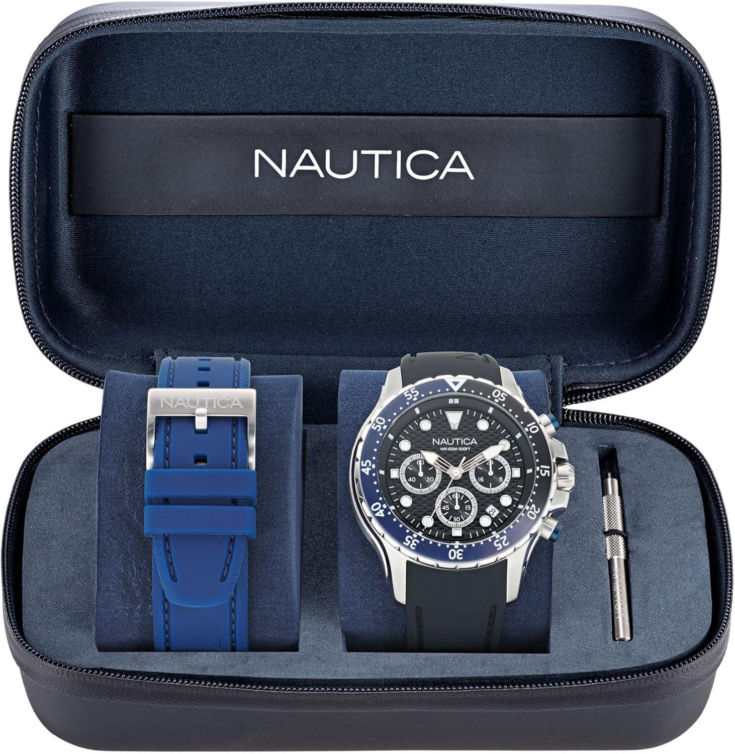 imageNautica Mens NST Chronograph 44mm WatchBlackBlueBlackSilver