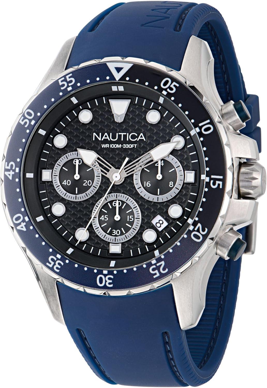 imageNautica Mens NST Chronograph 44mm WatchBlackBlueBlackSilver