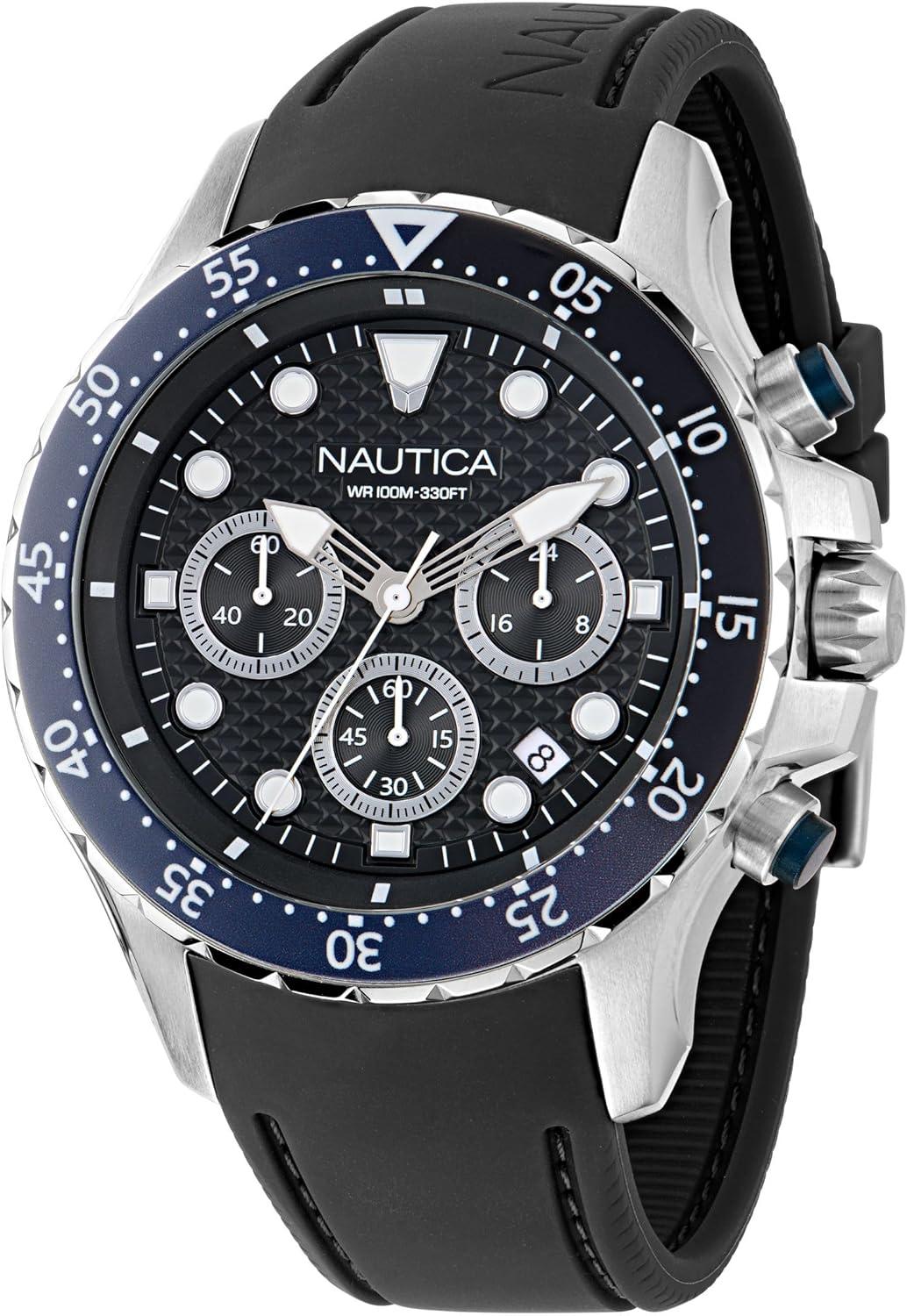 imageNautica Mens NST Chronograph 44mm WatchBlackBlueBlackSilver