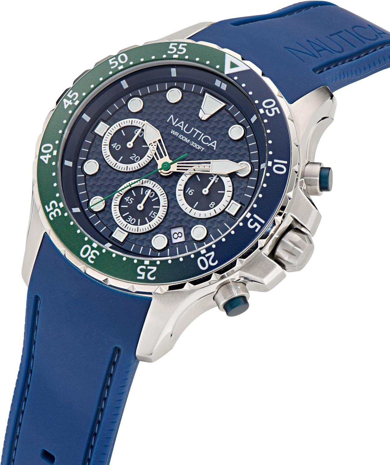 imageNautica Mens NST Chronograph 44mm WatchBlueBlueGreenSilver