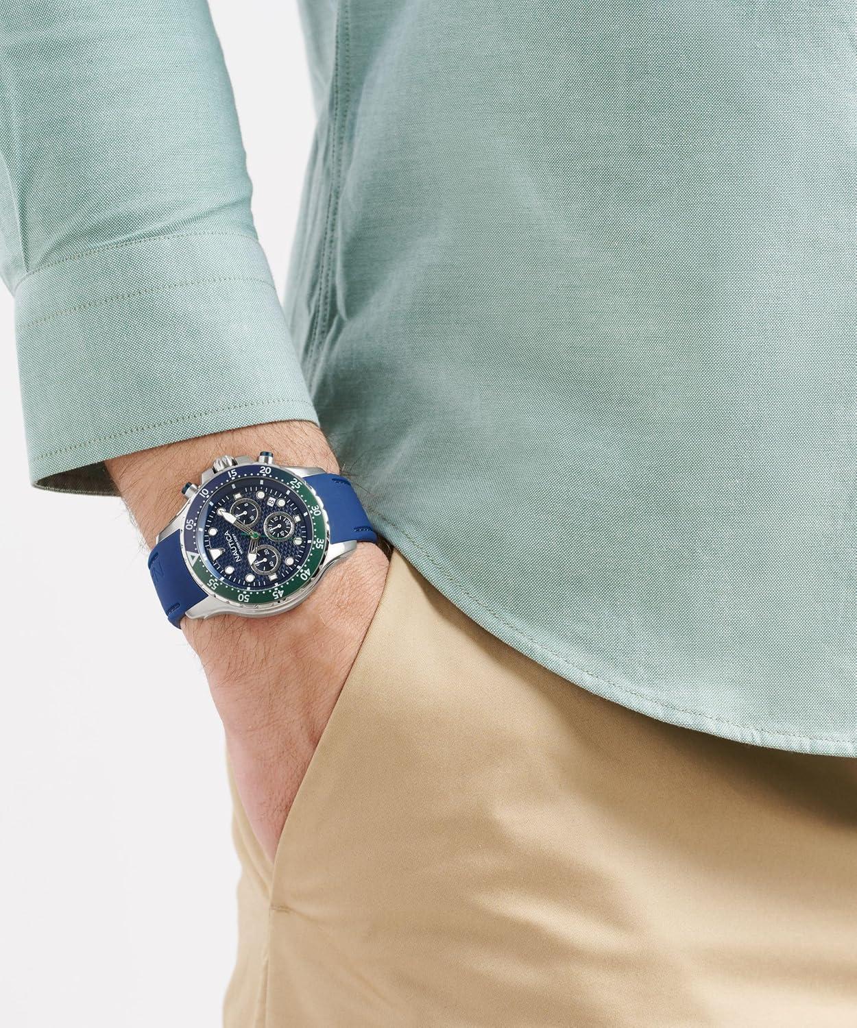 imageNautica Mens NST Chronograph 44mm WatchBlueBlueGreenSilver