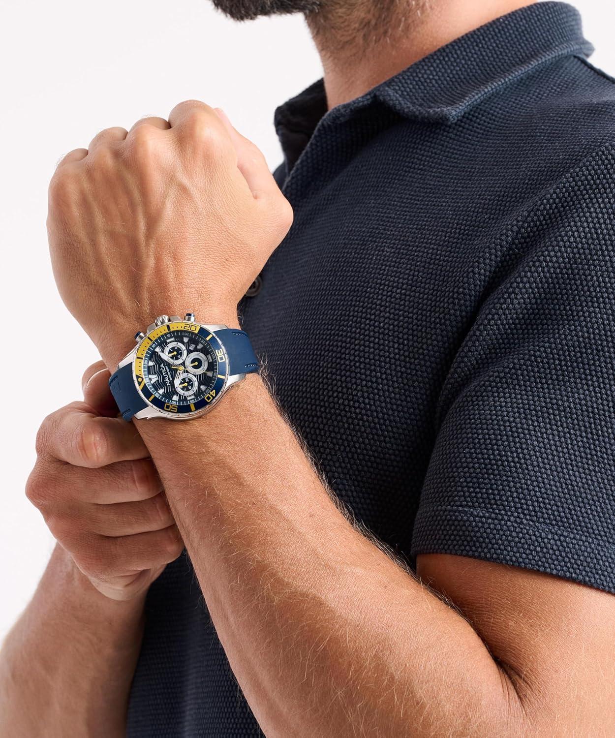 imageNautica Mens NST Chronograph 44mm WatchBlueBlueYellowSilver
