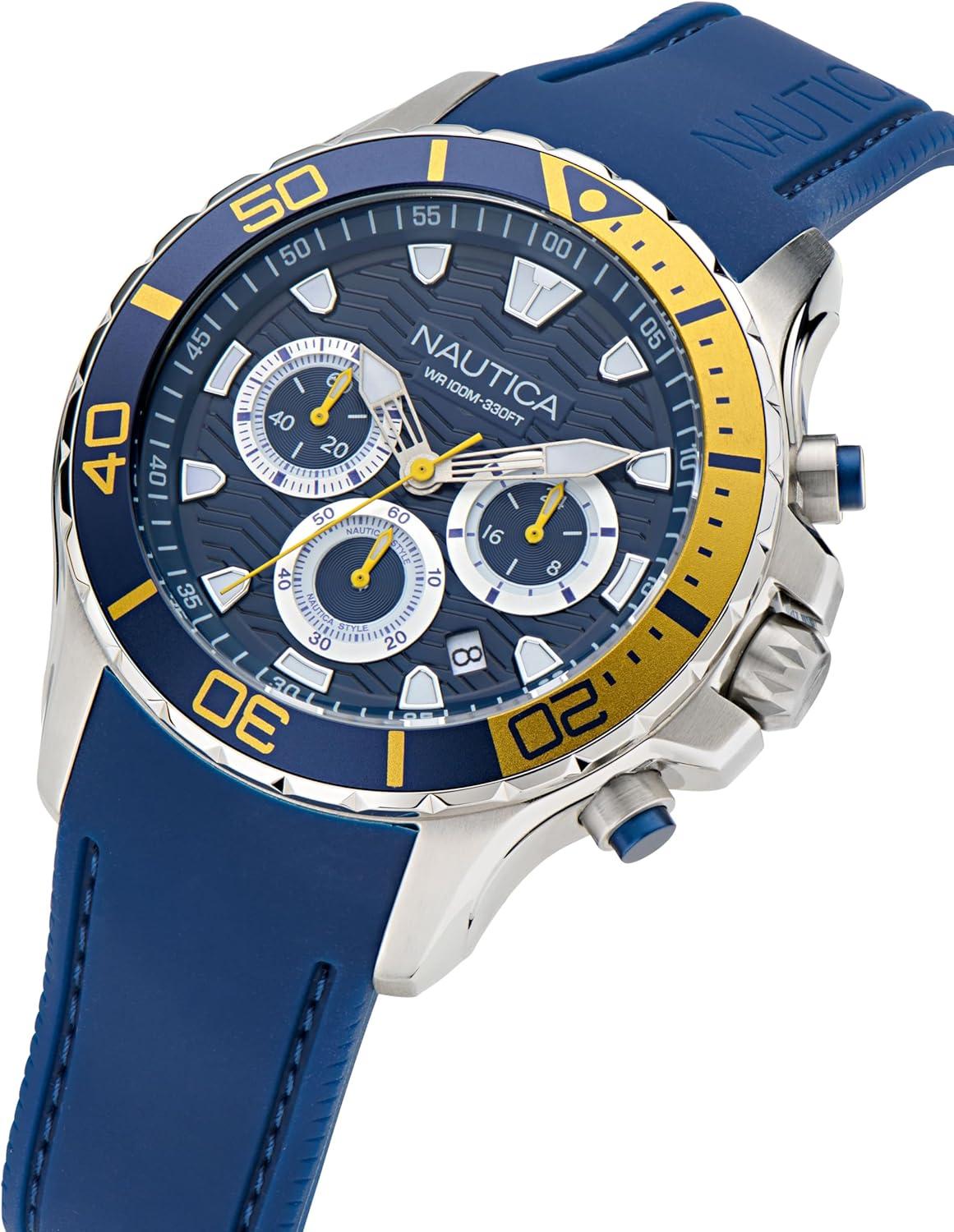 imageNautica Mens NST Chronograph 44mm WatchBlueBlueYellowSilver