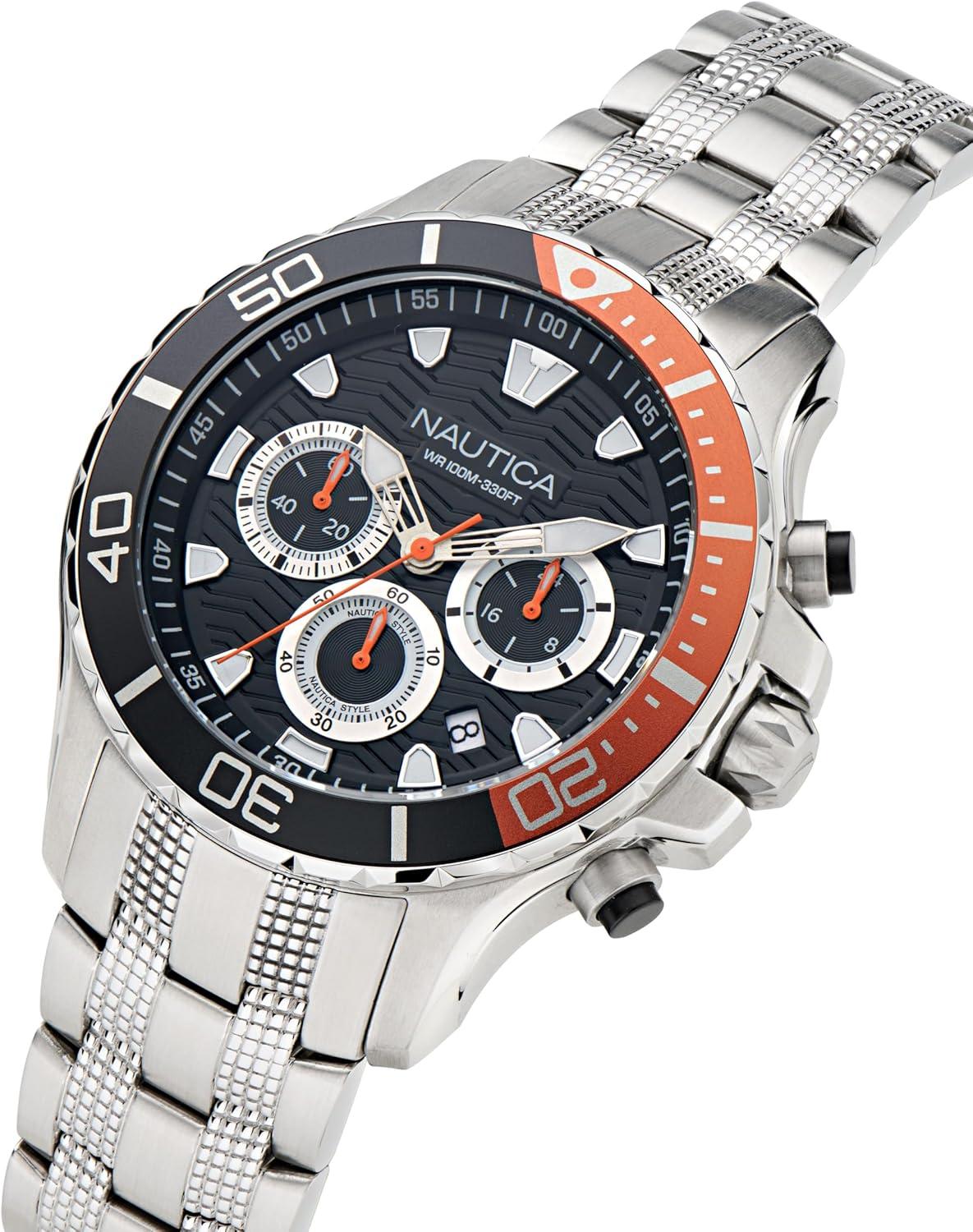 imageNautica Mens NST Chronograph 44mm WatchSilverBlackSilver