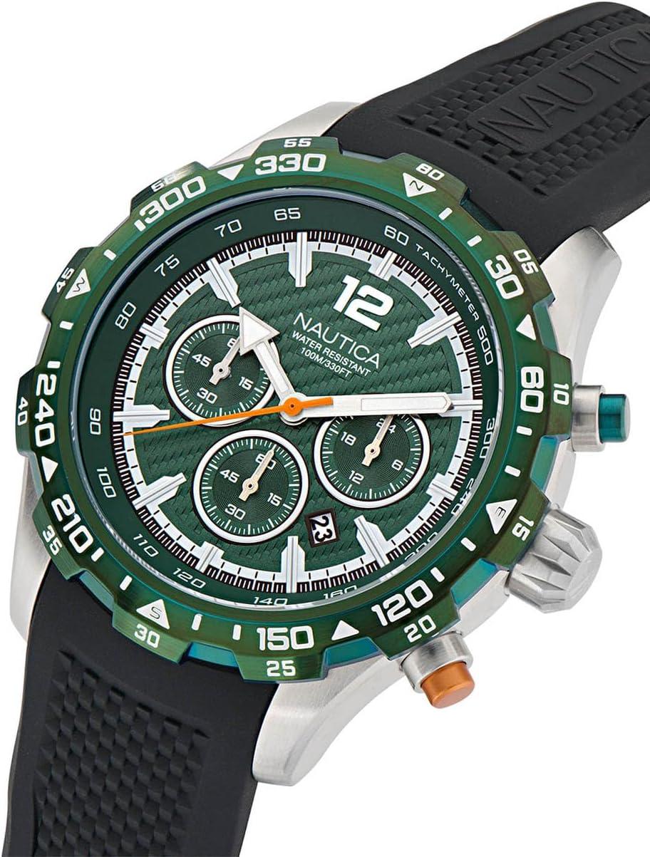 imageNautica Mens NST Chronograph 46mm WatchBlackGreenSilver