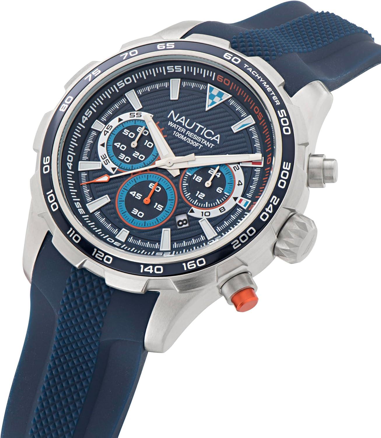 imageNautica Mens NST Chronograph 46mm WatchBlue SiliconeBlueSilver
