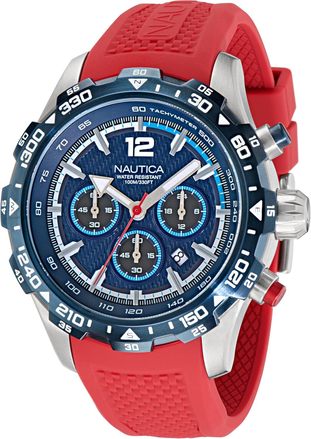imageNautica Mens NST Chronograph 46mm WatchBlueredBlueSilver