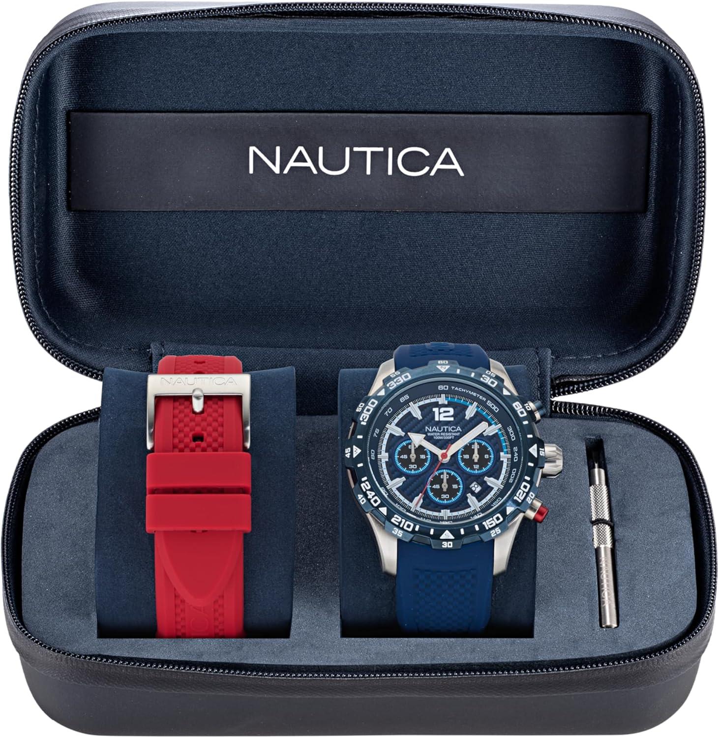 imageNautica Mens NST Chronograph 46mm WatchBlueredBlueSilver