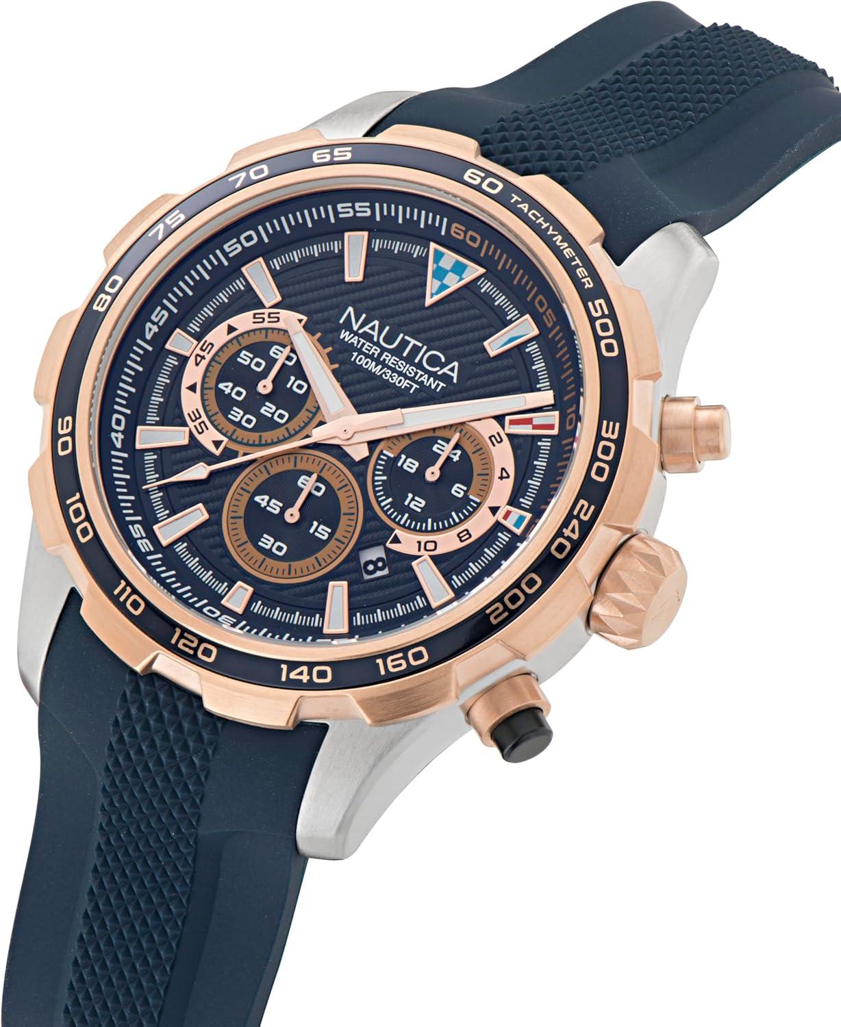 imageNautica Mens NST Chronograph 46mm WatchNavy BlueBlueRose Gold