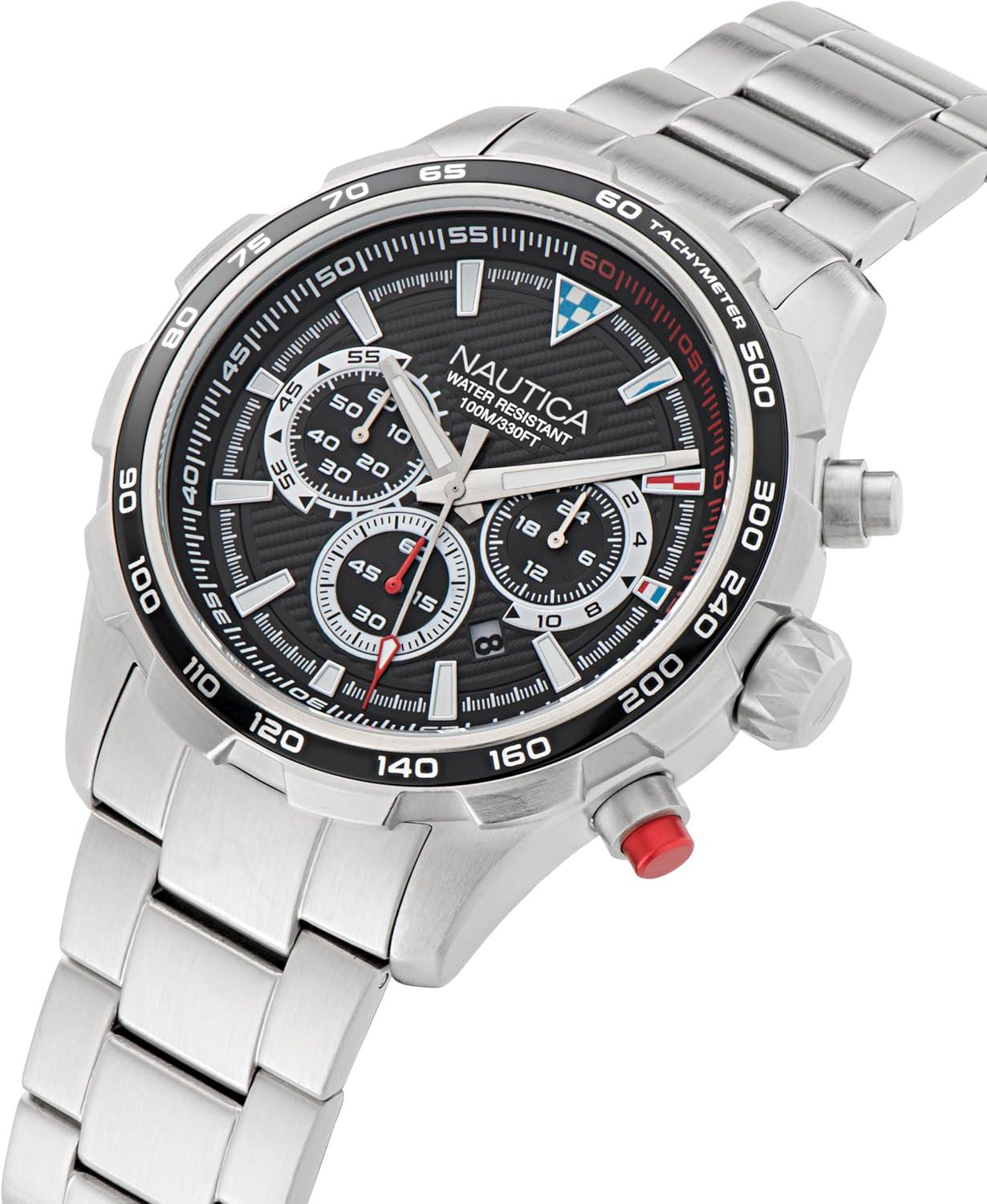 imageNautica Mens NST Chronograph 46mm WatchSilverBlackSilver