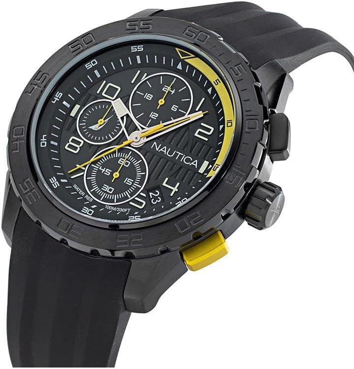 imageNautica Mens NST Chronograph 47mm WatchBlack SiliconeBlackIP Black