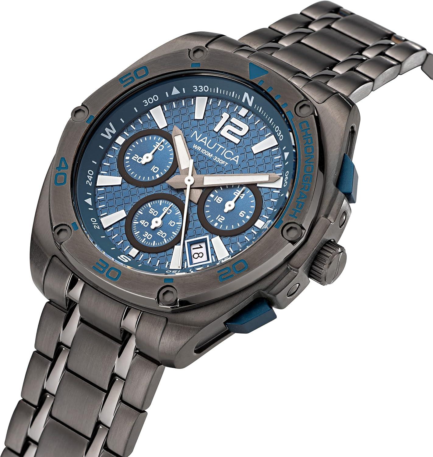 imageNautica Mens Tin Can Bay WatchGunmetalBlueSilver
