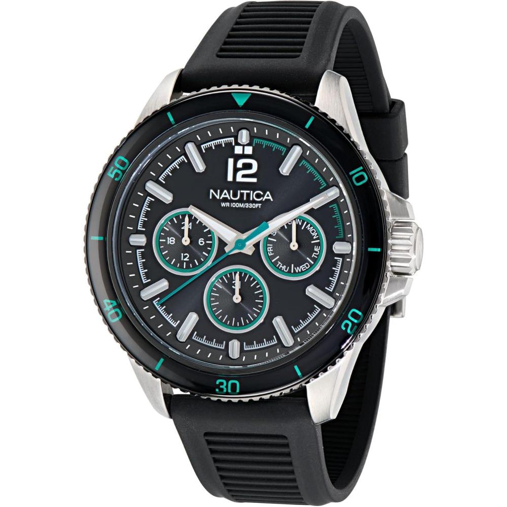 imageNautica Mens NCT Windrose 46mm WatchBlackBlack GreenSilver