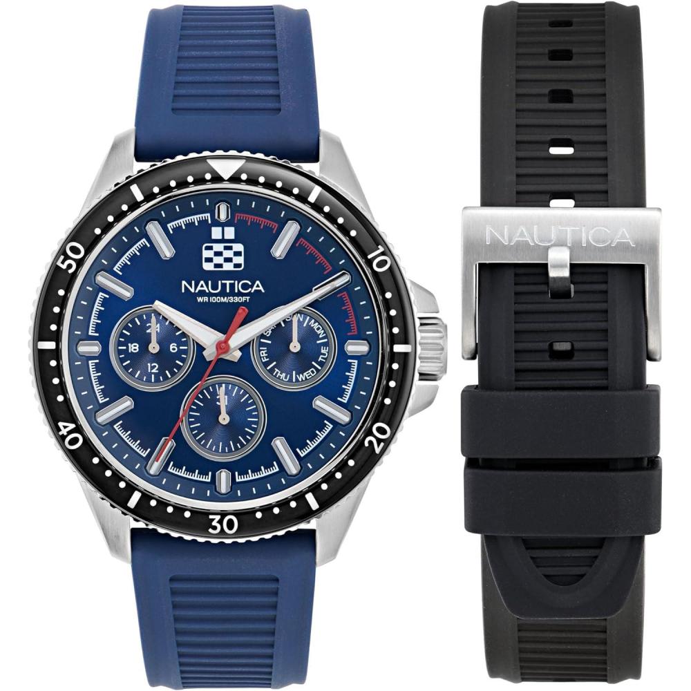 imageNautica Mens NCT Windrose 46mm WatchBlueBlackBlueSilver
