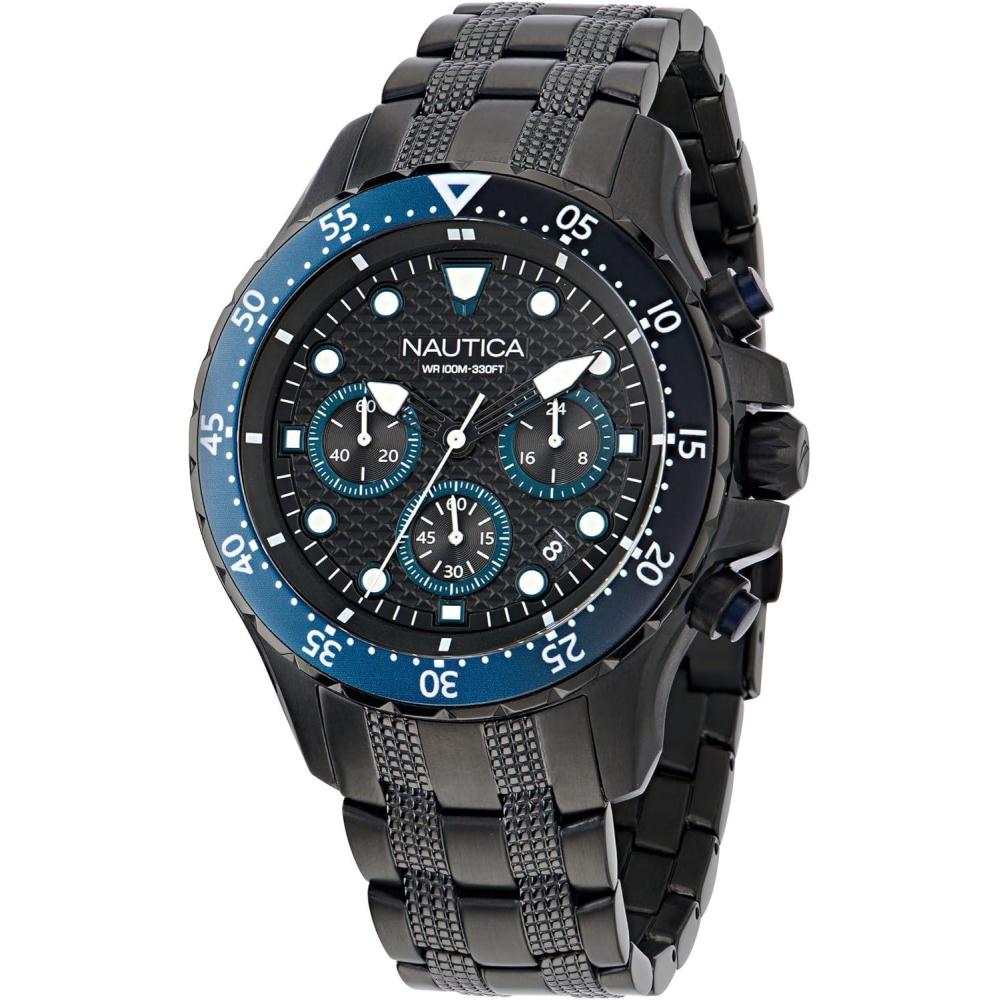 imageNautica Mens NST Chronograph 44mm WatchBlackBlackBlack