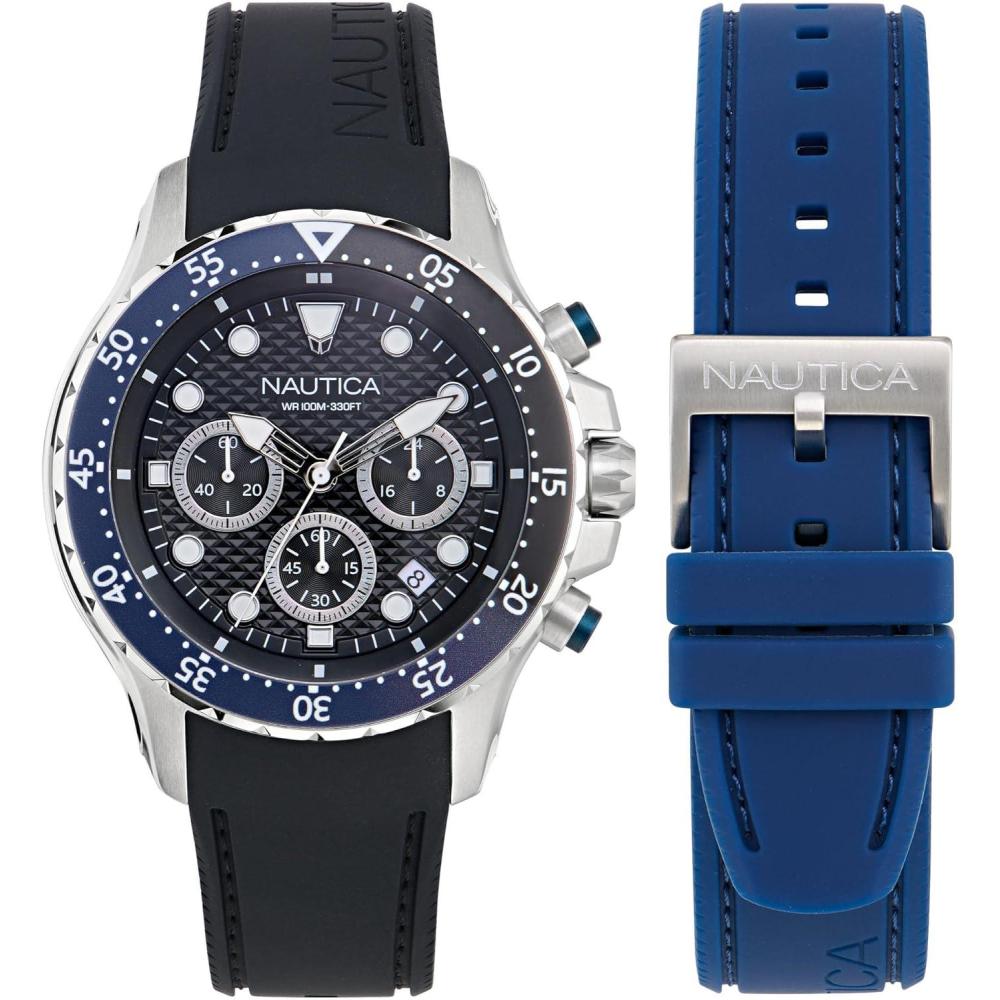 imageNautica Mens NST Chronograph 44mm WatchBlackBlueBlackSilver