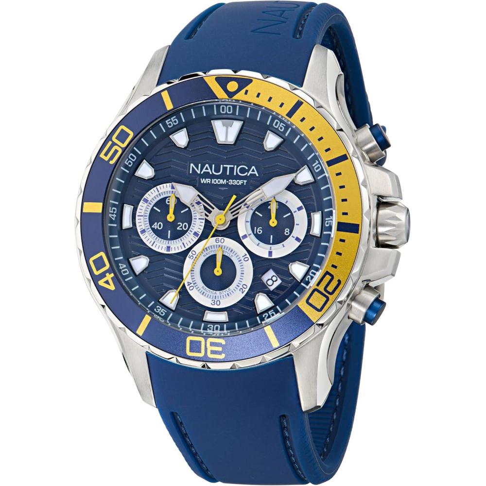 imageNautica Mens NST Chronograph 44mm WatchBlueBlueYellowSilver