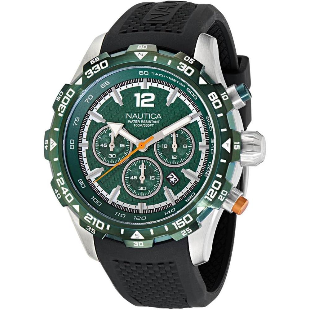 imageNautica Mens NST Chronograph 46mm WatchBlackGreenSilver