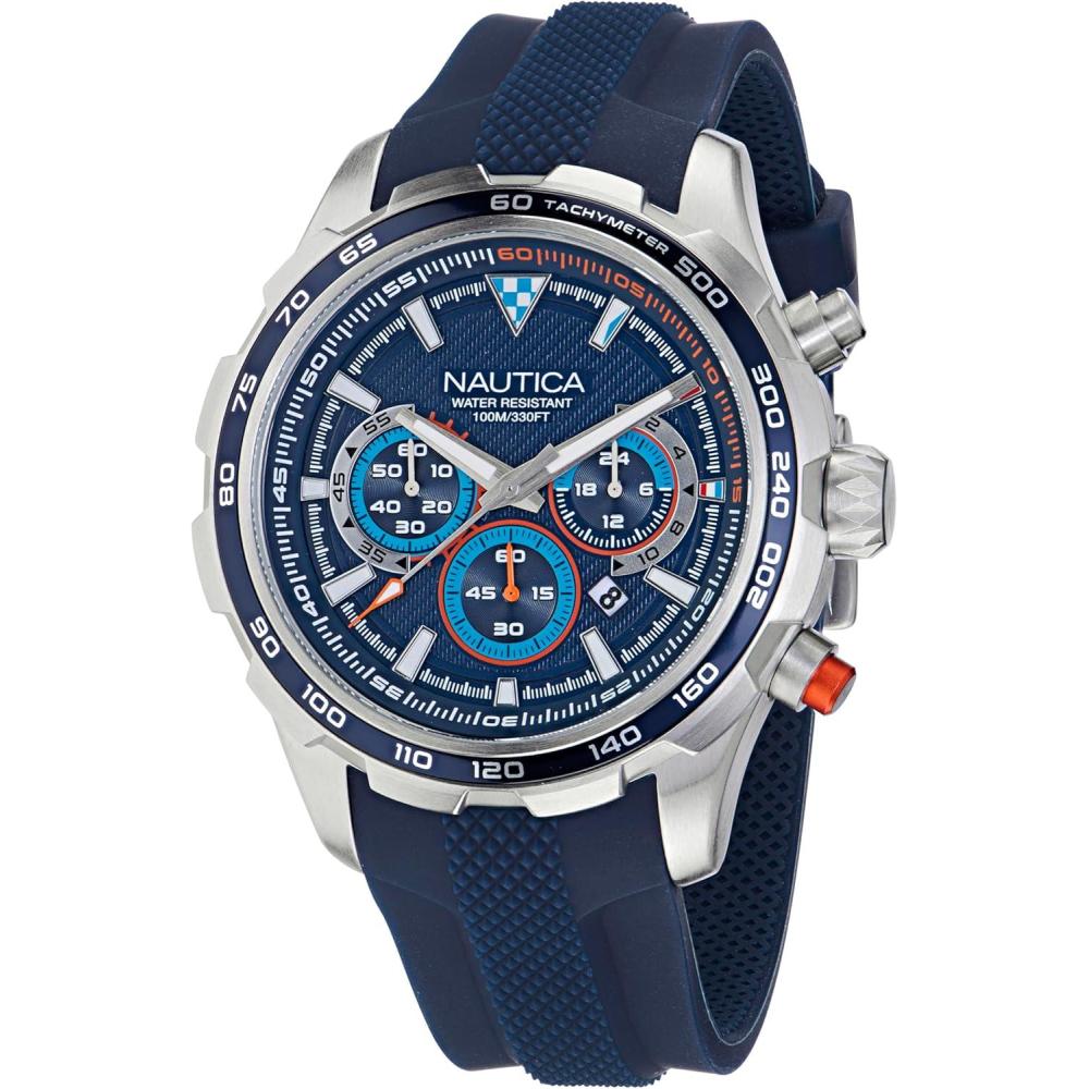 imageNautica Mens NST Chronograph 46mm WatchBlue SiliconeBlueSilver