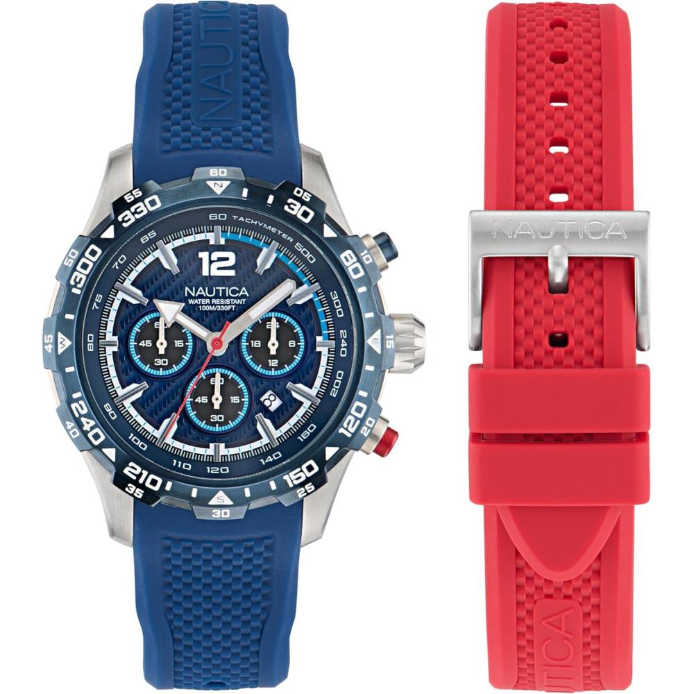 imageNautica Mens NST Chronograph 46mm WatchBlueredBlueSilver