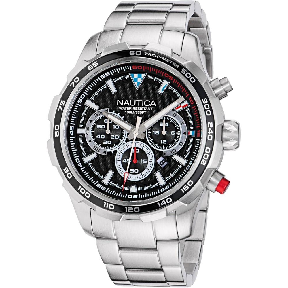 imageNautica Mens NST Chronograph 46mm WatchSilverBlackSilver