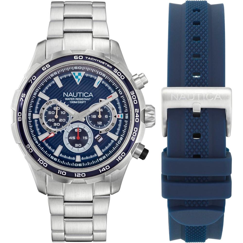 imageNautica Mens NST Chronograph 46mm WatchSilverBlueBlueSilver