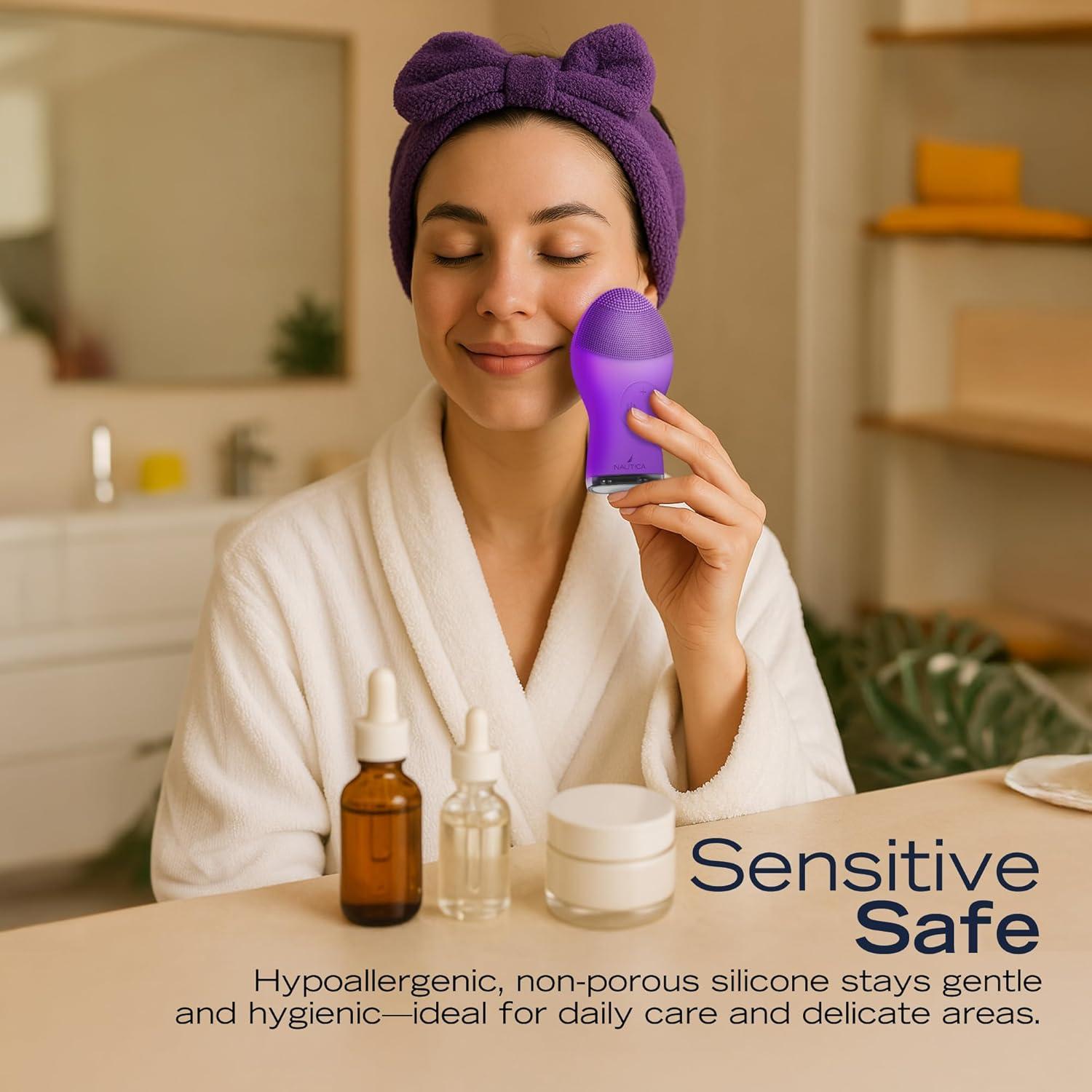 imageNautica PC120 Facial Cleansing Brush Made with UltraHygienic Soft Silicone Waterproof Rechargeable Vibrating Face Exfoliator Scrub Brush with Sonic Technology for Men amp Women Summer SunHy Purple
