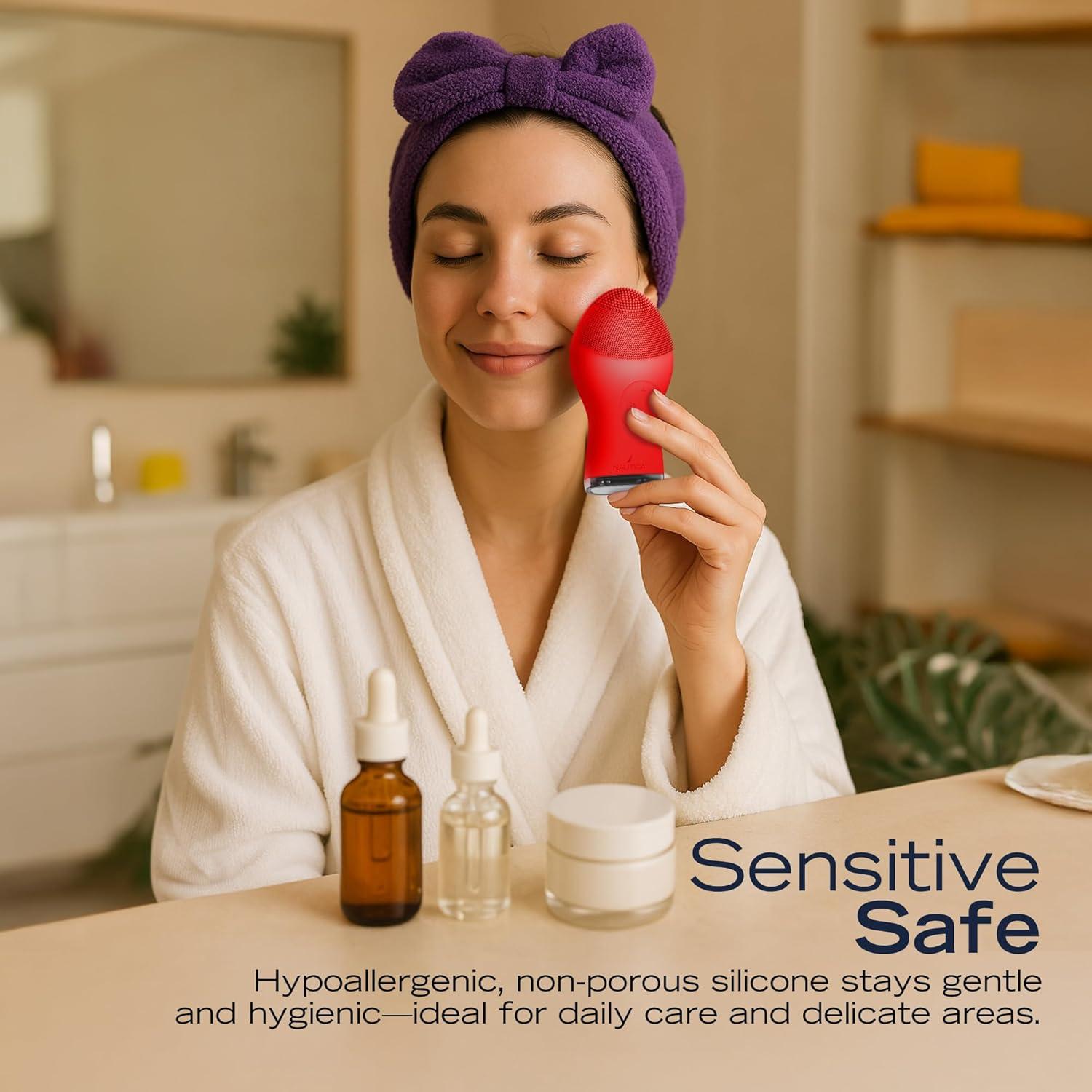 imageNautica PC120 Facial Cleansing Brush Made with UltraHygienic Soft Silicone Waterproof Rechargeable Vibrating Face Exfoliator Scrub Brush with Sonic Technology for Men amp Women Summer SunDancing Red